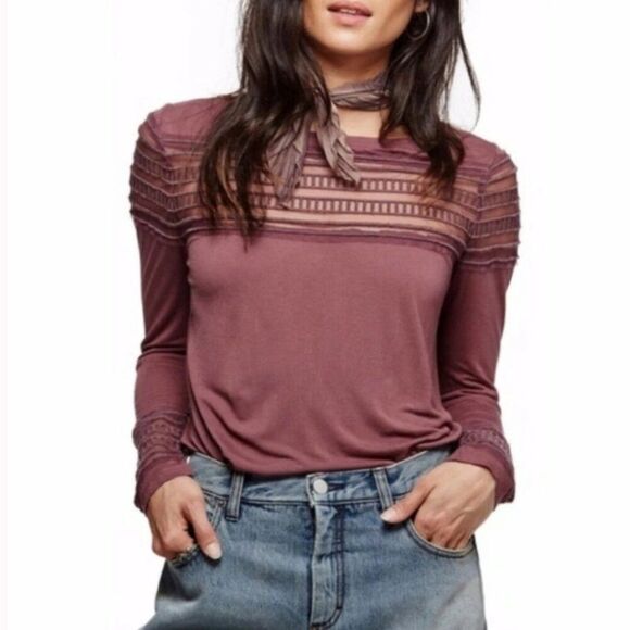 Free People Roxie Mesh Detail long Sleeve Mauve Berry Top Women's Large - Picture 2 of 4